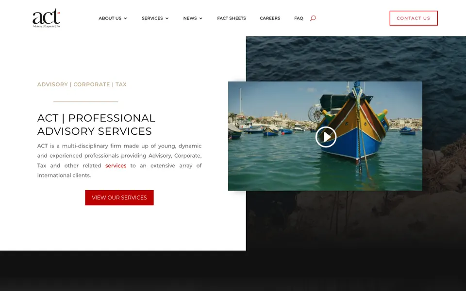 Screenshot of the ACT website: “ACT | Professional advisory services” with a video still of a Maltese fishing boat