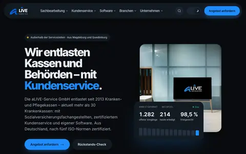 Screenshot of the aLIVE-Service website: outsourcing for health and care insurers