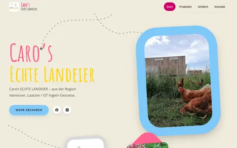Screenshot of the Caro’s Echte Landeier website: free-range eggs from a farm near Hannover