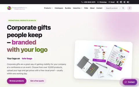 Screenshot of the Corporate Gifts Malta website: promotional products and branded merchandise