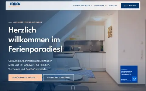 Screenshot of the Ferienparadies website: holiday apartments at the Steinhuder Meer and in Hannover