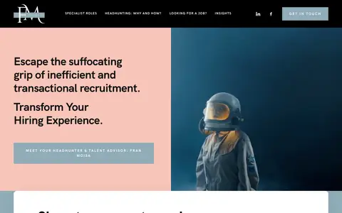 Screenshot of the FM Search website: headline about recruitment, next to a portrait of a person in a space suit