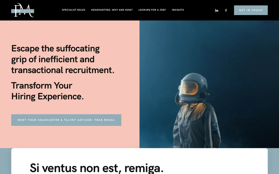 Screenshot of the FM Search website: headline about recruitment, next to a portrait of a person in a space suit