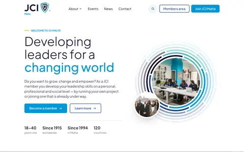 Screenshot of the JCI Malta website: “Developing leaders for a changing world” with a group photo of members