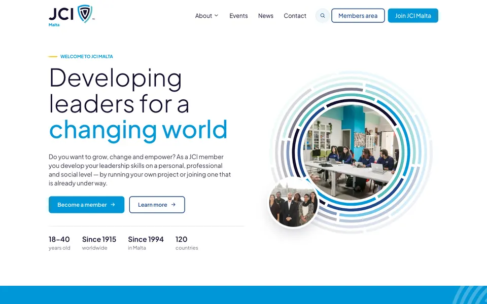 Screenshot of the JCI Malta website: “Developing leaders for a changing world” with a group photo of members