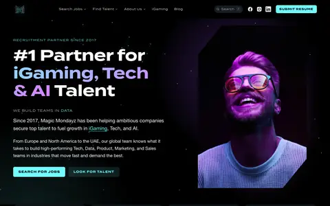 Screenshot of the Magic Mondayz website: talent partner for iGaming, tech and AI