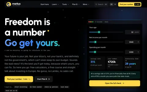 Screenshot of markusbehmann.com: financial freedom, free calculators and a free course