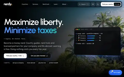 Screenshot of the Nerdy.Money website: country guides and tools for entrepreneurs