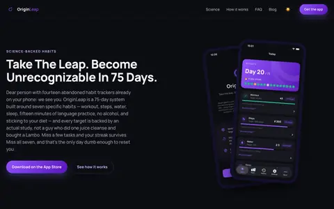 Screenshot of the OriginLeap website: a 75-day tracker for science-backed habits