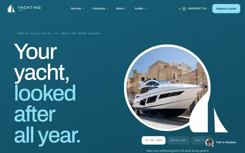 Screenshot of the Yachting.mt website: yacht repairs, care plans and management in Malta